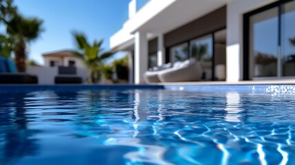 Fototapeta premium Close-up view of sparkling blue water in a swimming pool with a modern home in the background.
