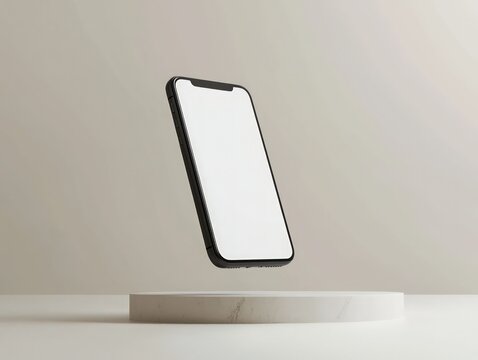 Realistic mobile phone mockup with blank digital screen floating in a minimal scene