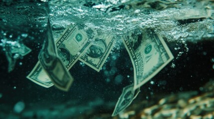 Underwater scene featuring floating dollar bills in a pool of water.