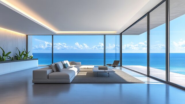 Sleek modern beach house living room with panoramic ocean views, featuring minimalist decor and designer furniture, enhancing coastal elegance and tranquility.