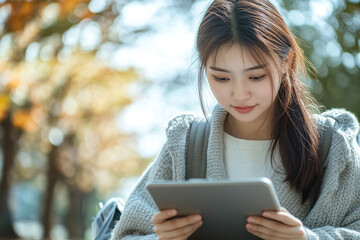 Close up of an Asian student using a tablet to study while sitting in a park.