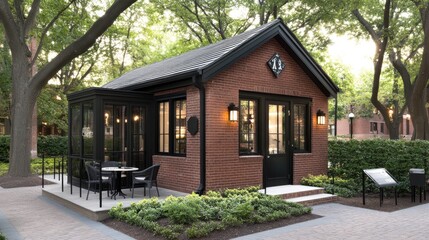 The inviting brick house features a black roof, porch, and paver patio surrounded by trees, creating a peaceful outdoor retreat