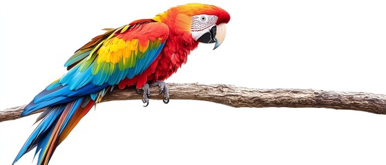 Obraz premium A vibrant parrot perched on a branch, showcasing stunning feathers in shades of red, blue, and green against a white background.