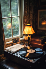 a cozy interior scene featuring a vintage turntable with a vinyl record playing on it