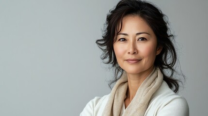 Fototapeta premium Portrait of a confident woman with dark hair and a warm smile, wearing a light sweater and scarf against a neutral background.