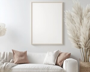 Vertical frame mockup in living room interior with pampas grass on solid background