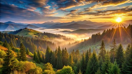 Scenic sunrise over mountainous woodland views