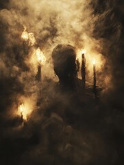 Obraz premium Skull-faced figure emerging from smoke, surrounded by candlelight, evoking a sense of exorcism.