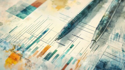 Two pens on a financial chart with colorful abstract background.