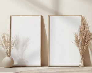 Leaning poster frames mockup on a neutral solid background for customizable design