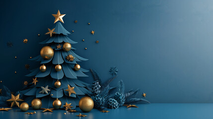 Paper Cut Art Stencil Blue Christmas Tree with golden ornaments on a blue background. Copy space for text advertisement.