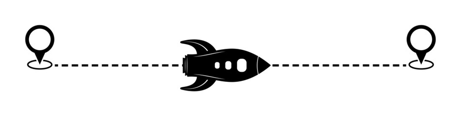 Abstract spaceship rocket icon, location pins vector on white. Creative spacecraft transport design to use for business goal, technology, science projects.