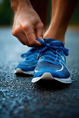 Close-up of blue sneakers being tied