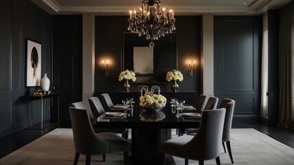Elegant dining room with a black table, eight chairs, a crystal chandelier, and a large mirror.