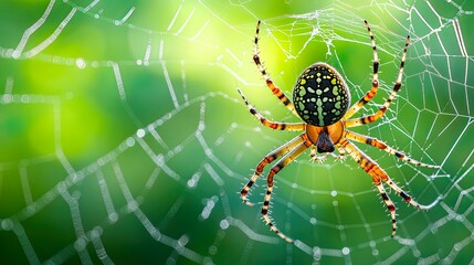 A close-up view of a spider resting in its intricate web, showcasing vibrant colors and details against a blurred green background.