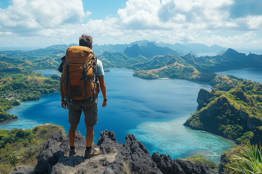 A hiker enjoys breathtaking views of a remote tropical island landscape with lush hills and azure waters during a sunny day