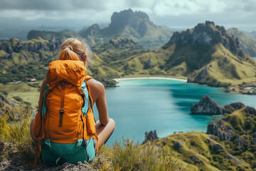 Naklejka premium Hiker enjoying the stunning landscape of Komodo Island, overlooking a scenic bay and mountains during a sunny day