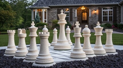A large outdoor chess set features white stone pieces and warm lights, creating a serene atmosphere in a beautifully landscaped garden at dusk
