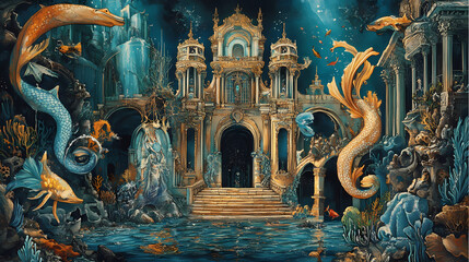 Obraz premium An underwater palace inhabited by mermaids and sea creatures. Merfolk Palace. Illustration