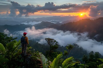 Obraz premium Breathtaking Sunrise Over Misty Mountains: A Hiker's Perspective