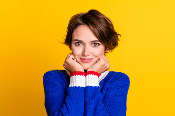 Photo portrait of lovely young lady fists touch cheeks admire dressed stylish blue knitted garment isolated on yellow color background