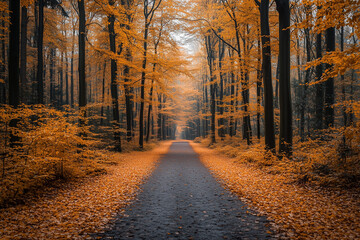 Obraz premium A tranquil autumn pathway lined with vibrant orange leaves in a serene forest setting during the fall season