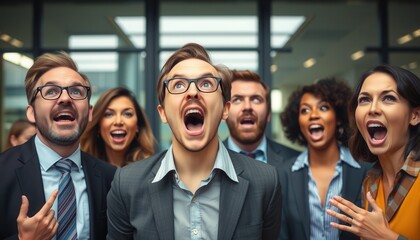 Obraz premium Excited group of professionals expressing enthusiasm during a team meeting at a modern office setting