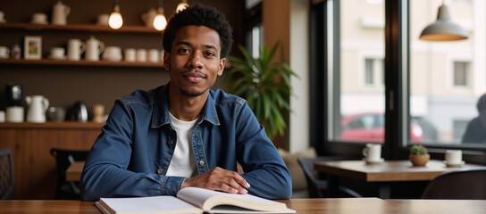 Fototapeta premium Image of African American college student seated at caf