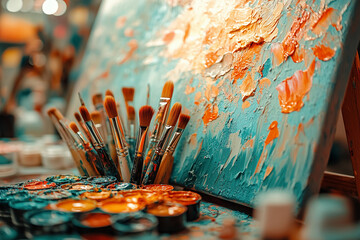 Fototapeta premium Art materials on a colorful canvas in a vibrant studio filled with creative energy during the day