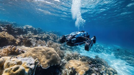 Underwater exploration drones mapping coral reefs, marine research vessel with robotic submersibles, Marine style