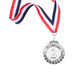 Silver medal with striped ribbon isolated on white, top view