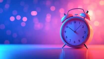 Vintage alarm clock on reflective surface with colorful bokeh background, symbolizing time, nostalgia, and morning routines.