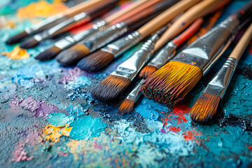 Obraz premium A variety of paintbrushes scattered on a vibrant palette full of colorful paints in an art studio setting