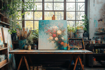 Bright and colorful flower painting in an artist's studio filled with art supplies and natural light