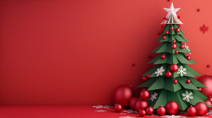 Paper Cut Art Stencil green Christmas Tree with red ornaments on a red background. Copy space for text advertisement.