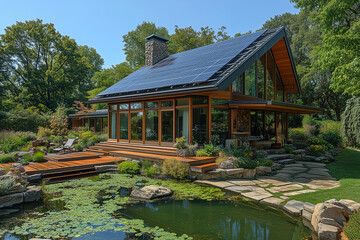 Obraz premium Modern eco-friendly house with solar panels surrounded by lush greenery and a tranquil pond on a sunny day