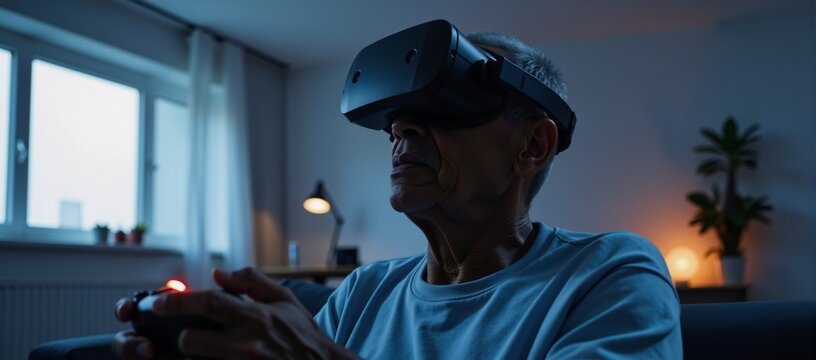 An elderly African-American individual is depicted gaming via a virtual reality headset