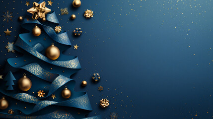 Paper Cut Art Stencil Blue Christmas Tree with golden ornaments on a blue background. Copy space for text advertisement.