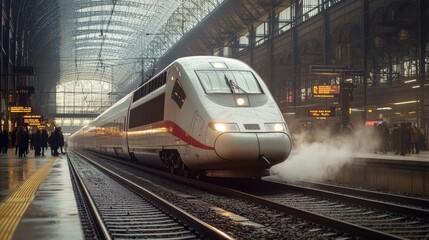 Obraz premium High-Speed Train Arriving at Modern Train Station