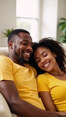 Fototapeta premium A cheerful scene showcases an African-American couple lounging happily in yellow outfits