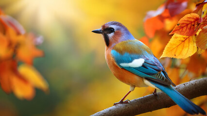 Naklejka premium Colourful Bird Perched on a Branch in Autumn Foliage