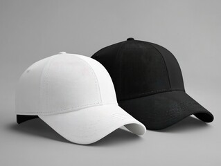 White and black baseball caps mockup, front view on grey background