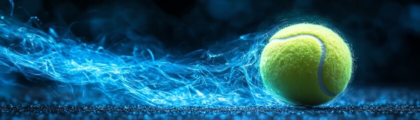 A vibrant tennis ball in motion, surrounded by dynamic blue trails, showcasing speed and energy on a textured surface.