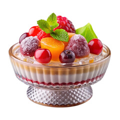Bowl of strawberry ice cream sundae with whipped cream on transparent background