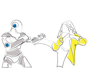 Hand drawn line art vector of a woman talking to a robot. emotional intelligence and AI.hand drawn line art vector of a robot working among office colleagues. working environment and changes in it due