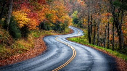 Naklejka premium Winding Road Through Colorful Autumn Trees