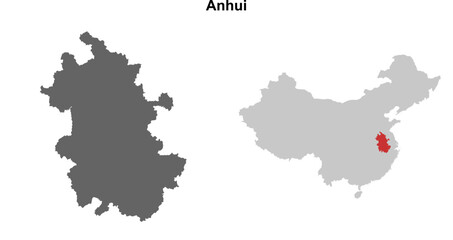 Anhui province blank outline map set