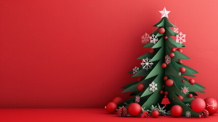 Paper Cut Art Stencil green Christmas Tree with red ornaments on a red background. Copy space for text advertisement.