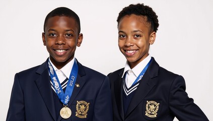 Two African American children displaying their academic medals while dressed in private school uniforms