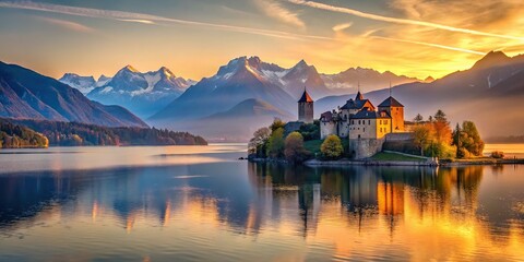 Fototapeta premium Scenic sunset view of castle on lake with mountains in background